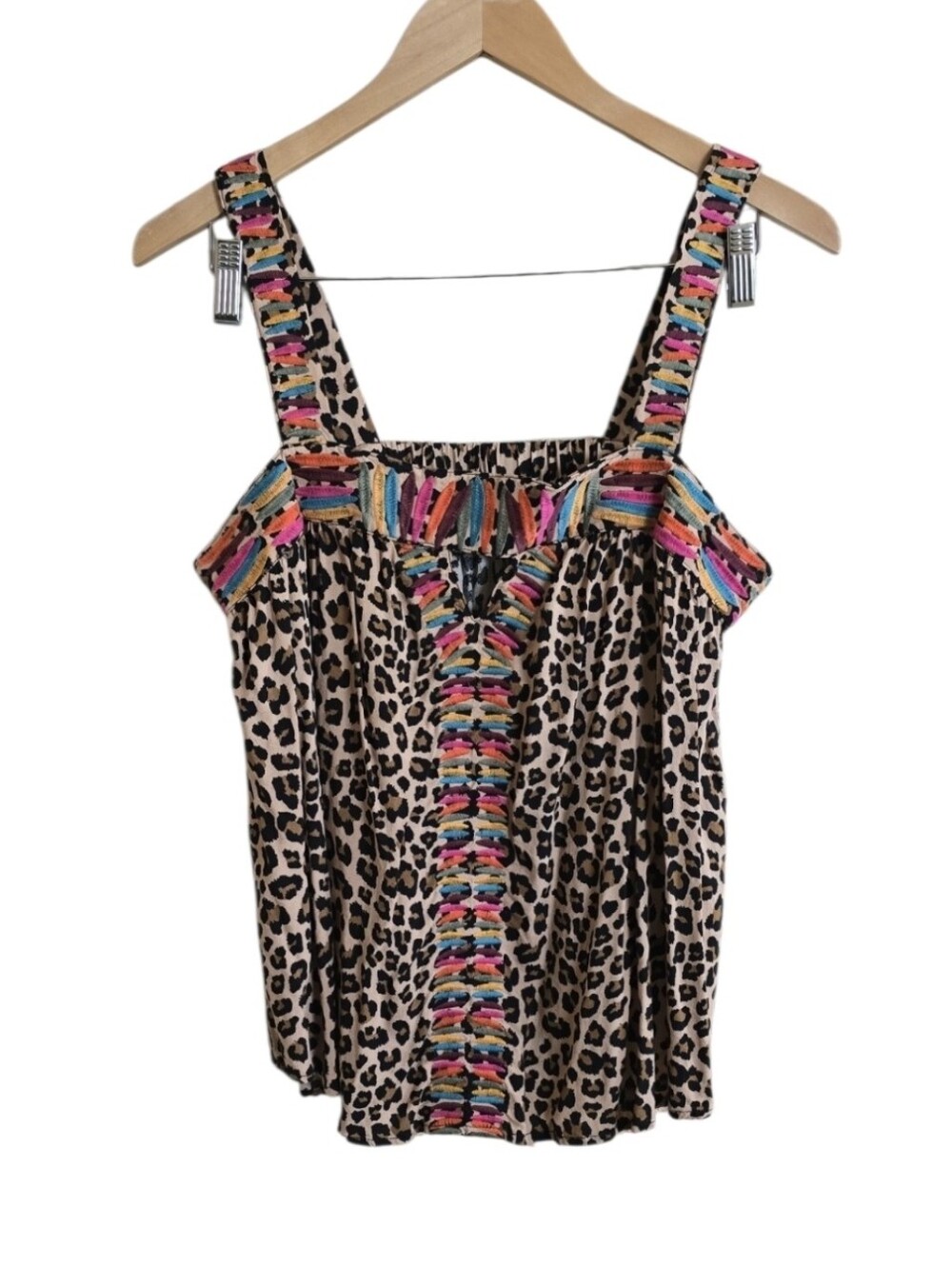 THML Tatum Flowy Leopard & Colorful Embroidered Matchstick Tank. Size Large